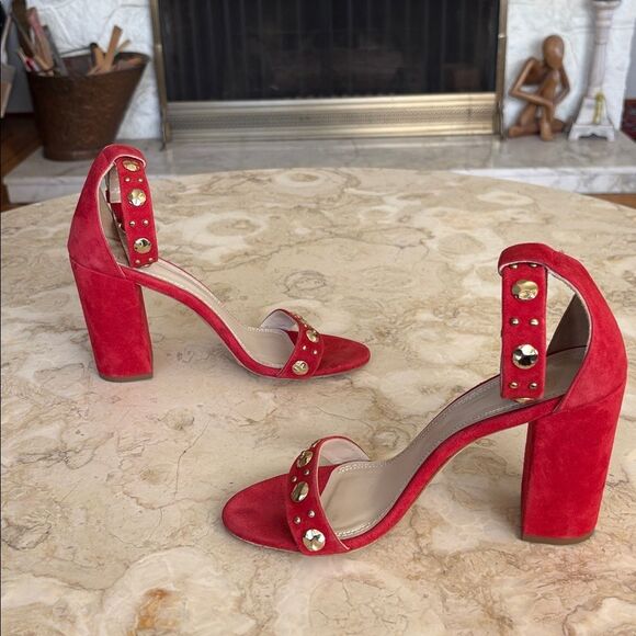 Maje Faria Red Suede Studded Chunky Heel Ankle Strap Sandals - Picture 6 of 14